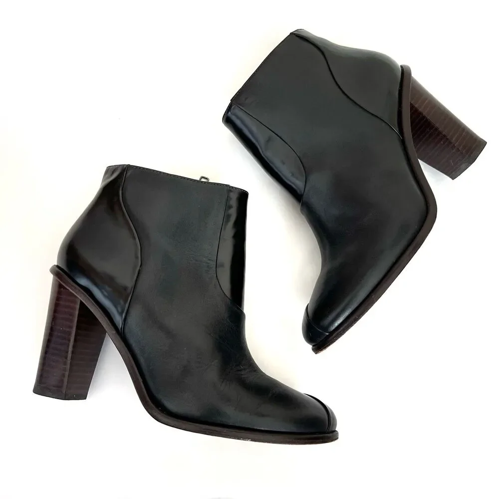 Tibi Leather Patent Contrast Black Booties Block Heels Zipper Sz 35.5 US 5.5